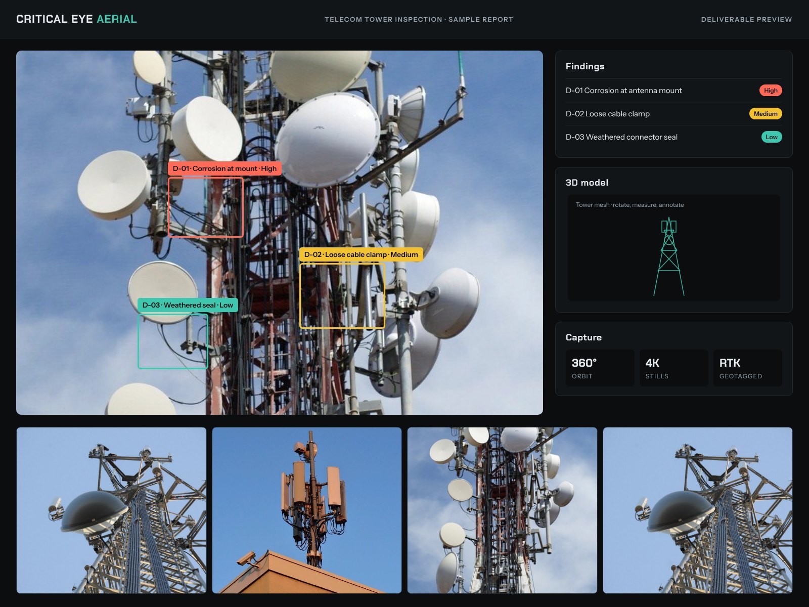 Sample telecom tower inspection report with annotated findings, severity tags, a 3D model and a photo grid